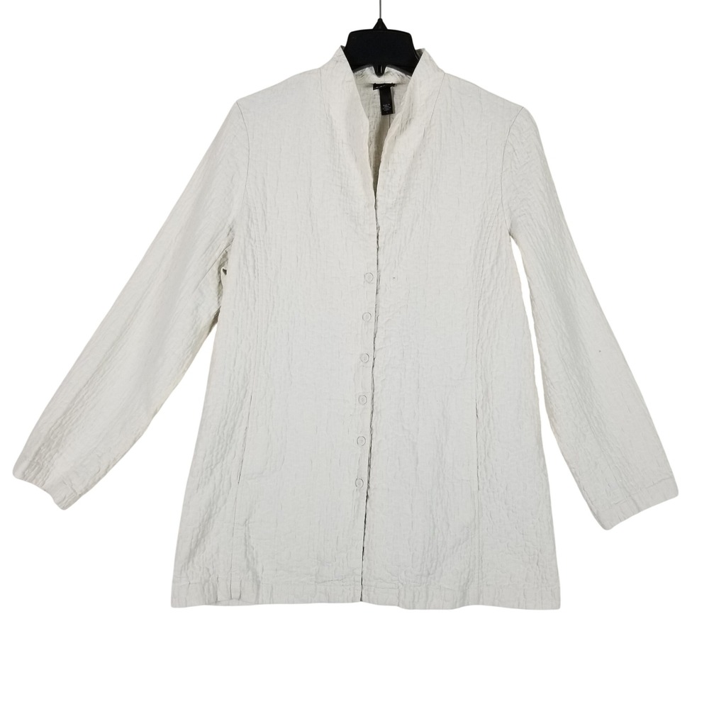 Eileen Fisher Jacket Women Large White Linen Cotton Crinkle Stand Collar Button